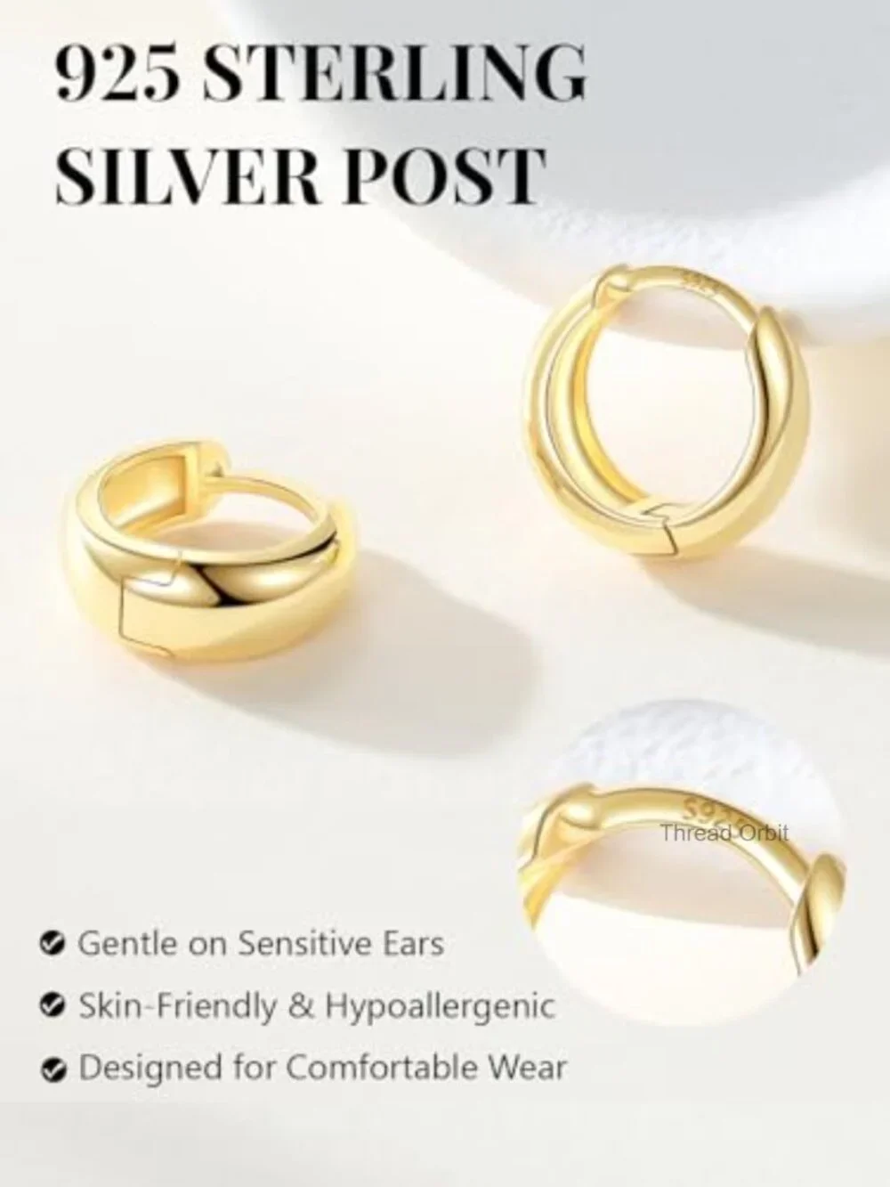 14K Gold Plated Chunky Hoop Earrings with Sterling Silver Posts,